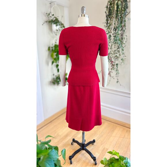 Vintage 1950s Knit Set 50s Red Wool Sweater Top Skirt Matching Two Piece - Picture 5 of 8